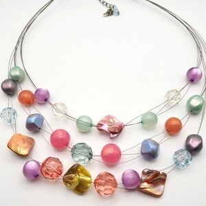 Floating Beads Acrylic Glass Abalone Multicolored Layered 18" Statement Necklace